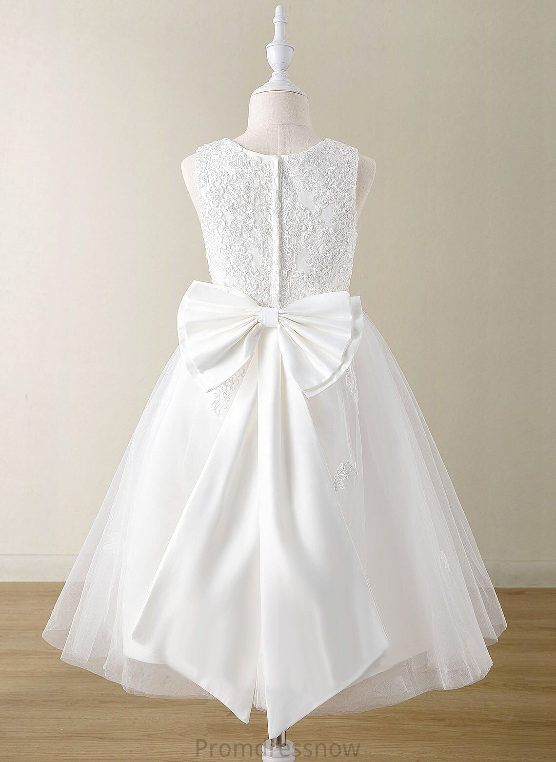 Tea-length Satin/Tulle Sleeveless Flower Girl Dresses Dress Bow(s) Neck Scoop With - Sam A-Line Flower Girl