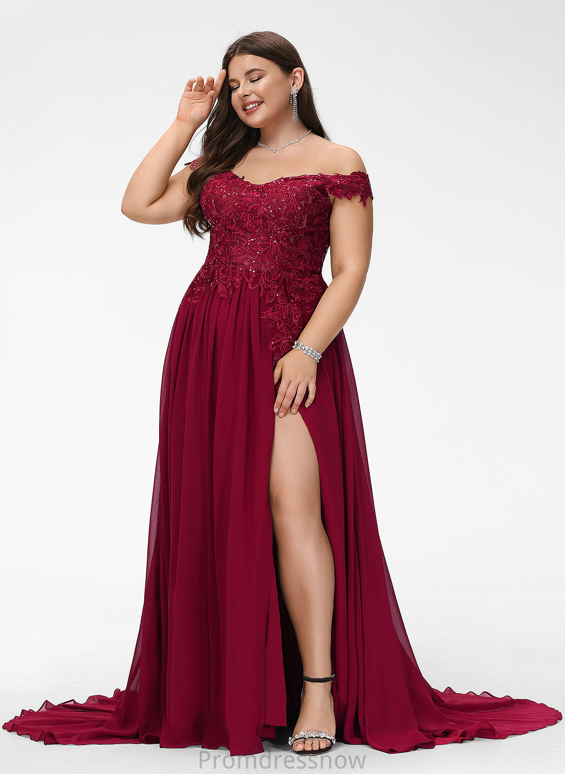 With Sequins Train Off-the-Shoulder Sweep A-Line Prom Dresses Chiffon Karissa