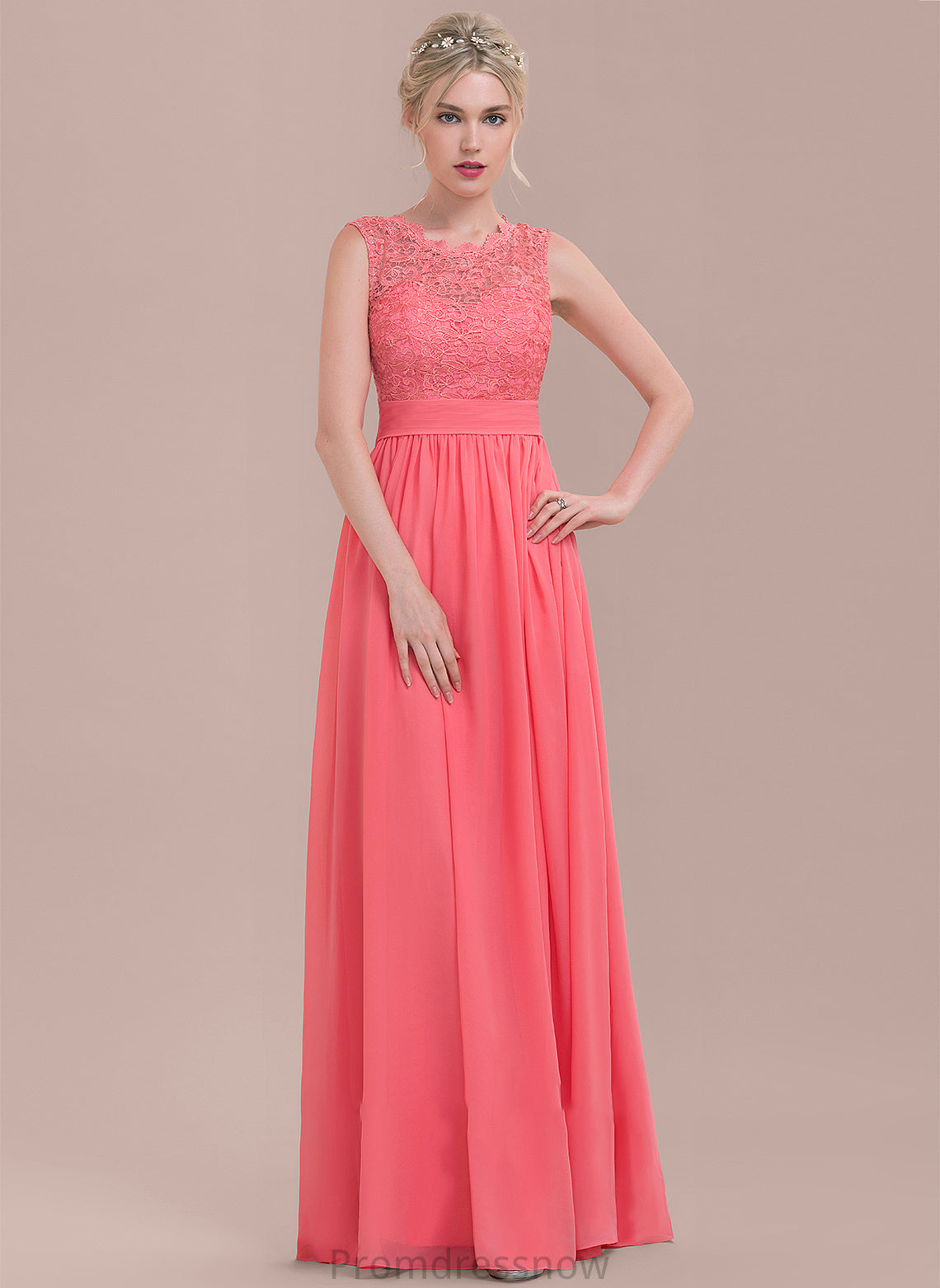 Floor-Length Fabric Neckline ScoopNeck A-Line Silhouette Ruffle Embellishment Length Alivia A-Line/Princess Natural Waist Bridesmaid Dresses