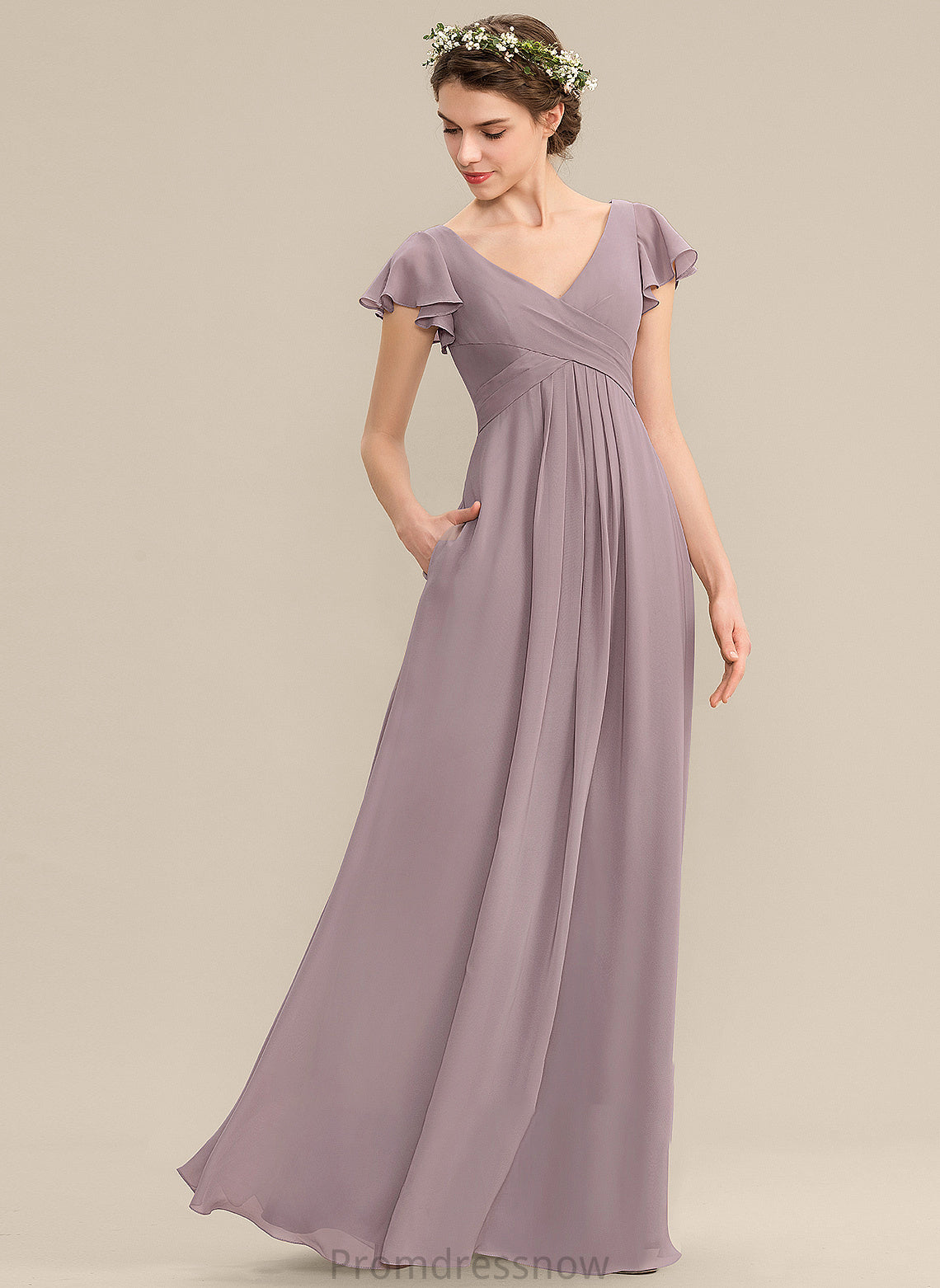 A-Line CascadingRuffles Pockets Neckline Silhouette Fabric Length V-neck Embellishment Floor-Length Kenzie A-Line/Princess Bridesmaid Dresses