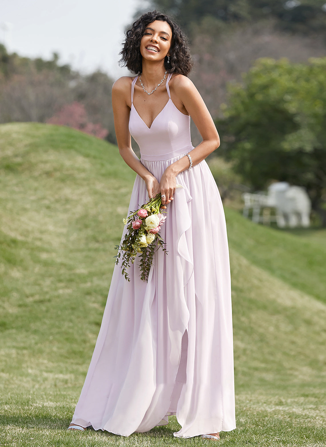 Fabric A-Line V-neck Length Ruffle Asymmetrical Embellishment SplitFront Neckline Silhouette Zoey Floor Length Bridesmaid Dresses