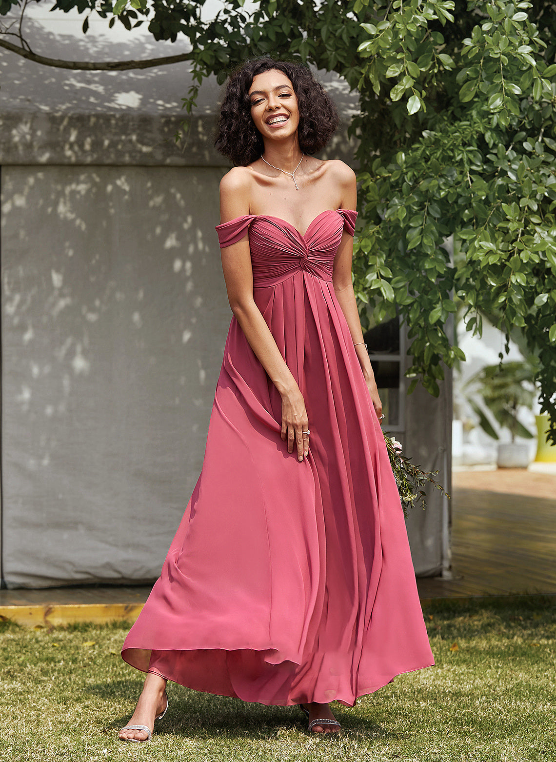 Ruffle Neckline Floor-Length Length Silhouette Embellishment Fabric A-Line Off-the-Shoulder Pauline V-Neck Natural Waist Bridesmaid Dresses