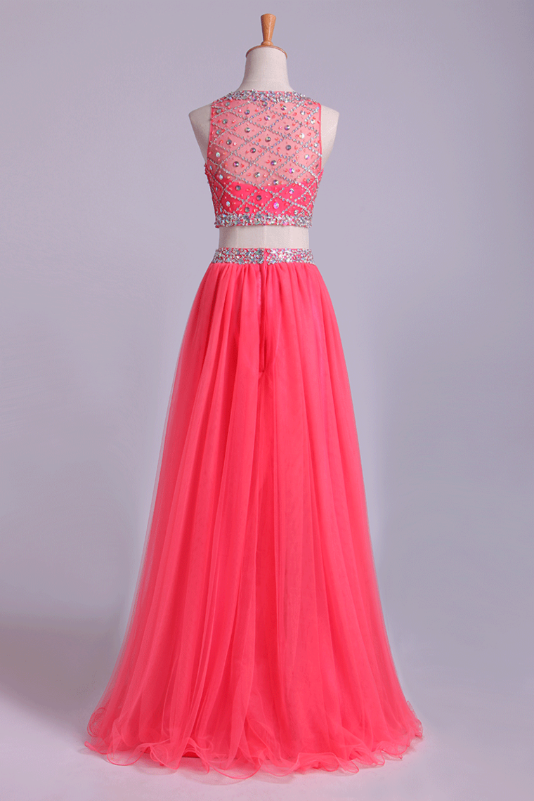 2024 Two-Piece Bateau Beaded Bodice Princess Prom Dress Pick Up Tulle Skirt Floor Length