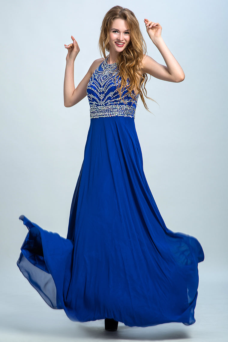 2024 Halter A-Line/Princess Prom Dresses Tulle And Chiffon Dark Royal Blue Sweep Train