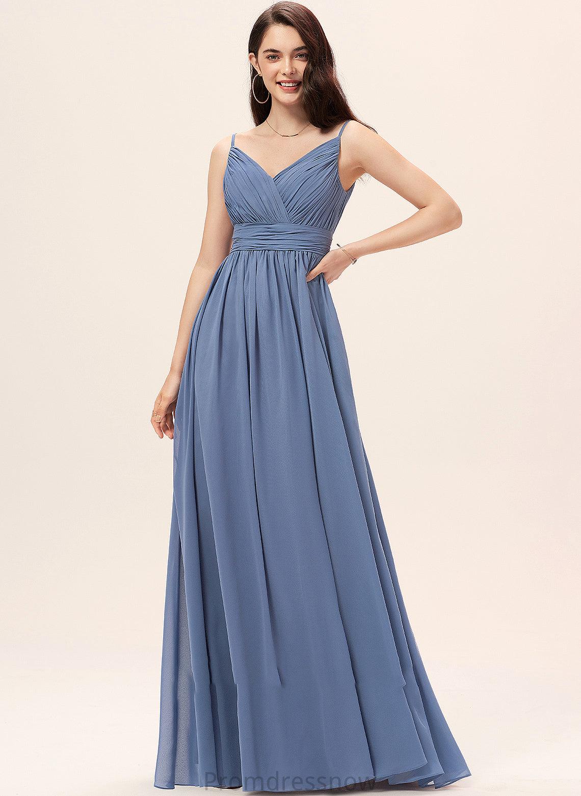 Floor-Length Length Fabric Silhouette V-neck A-Line Neckline Straps Thea Sleeveless Natural Waist Floor Length Bridesmaid Dresses