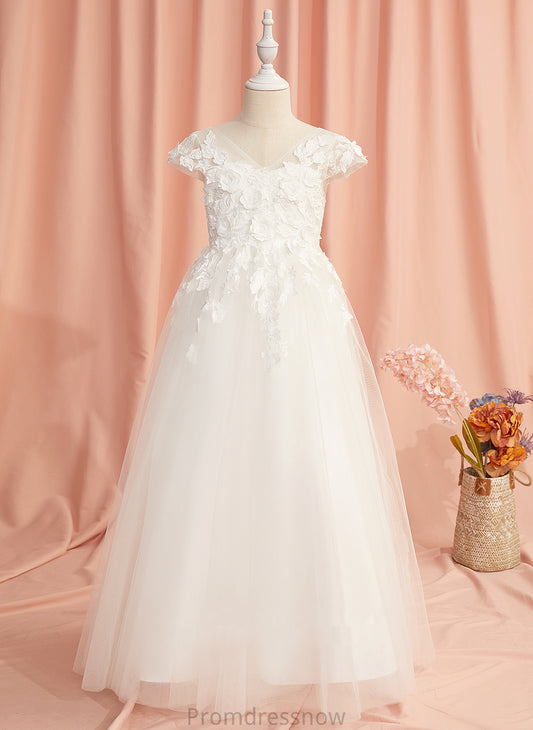 Flower Short With Dayanara Lace/Flower(s) A-Line V-neck Sleeves Dress Tulle - Floor-length Flower Girl Dresses Girl