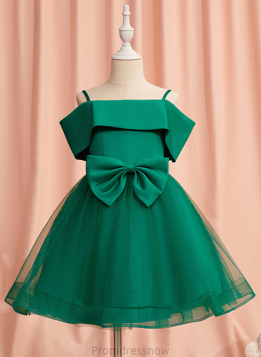 Sleeveless Satin/Tulle A-Line Girl Off-the-Shoulder Dress - Bow(s) With Flower Knee-length Andrea Flower Girl Dresses