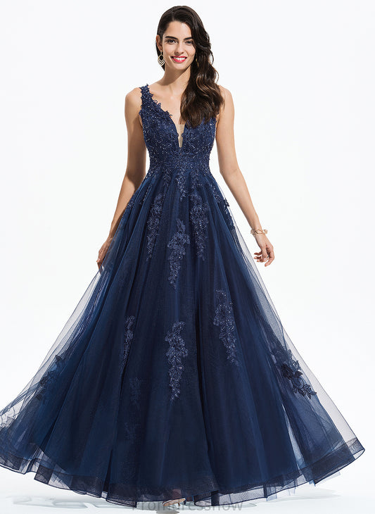 With Sequins A-Line Floor-Length V-neck Logan Lace Prom Dresses Tulle