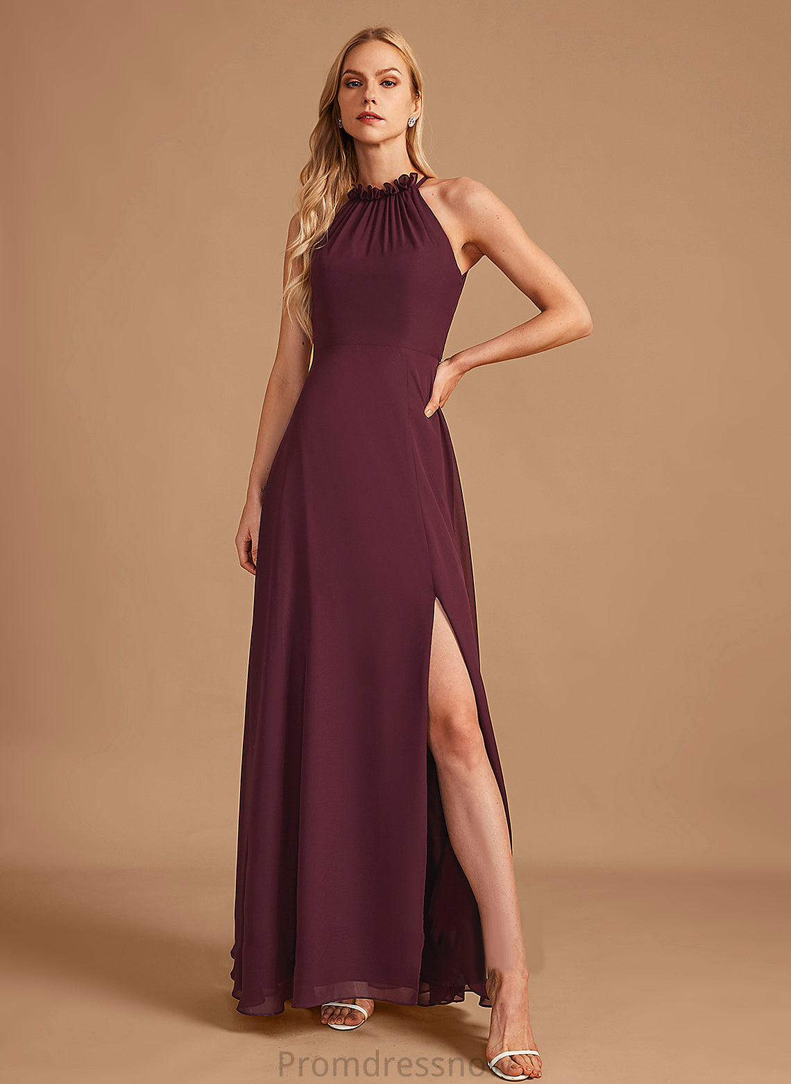 Neckline Silhouette Embellishment HighNeck Fabric Floor-Length Length A-Line SplitFront Marilyn Natural Waist Scoop Bridesmaid Dresses