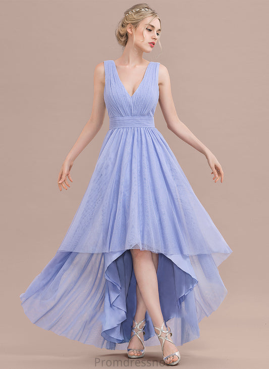 With Ball-Gown/Princess Ruffle Asymmetrical V-neck Prom Dresses Tulle Jessica