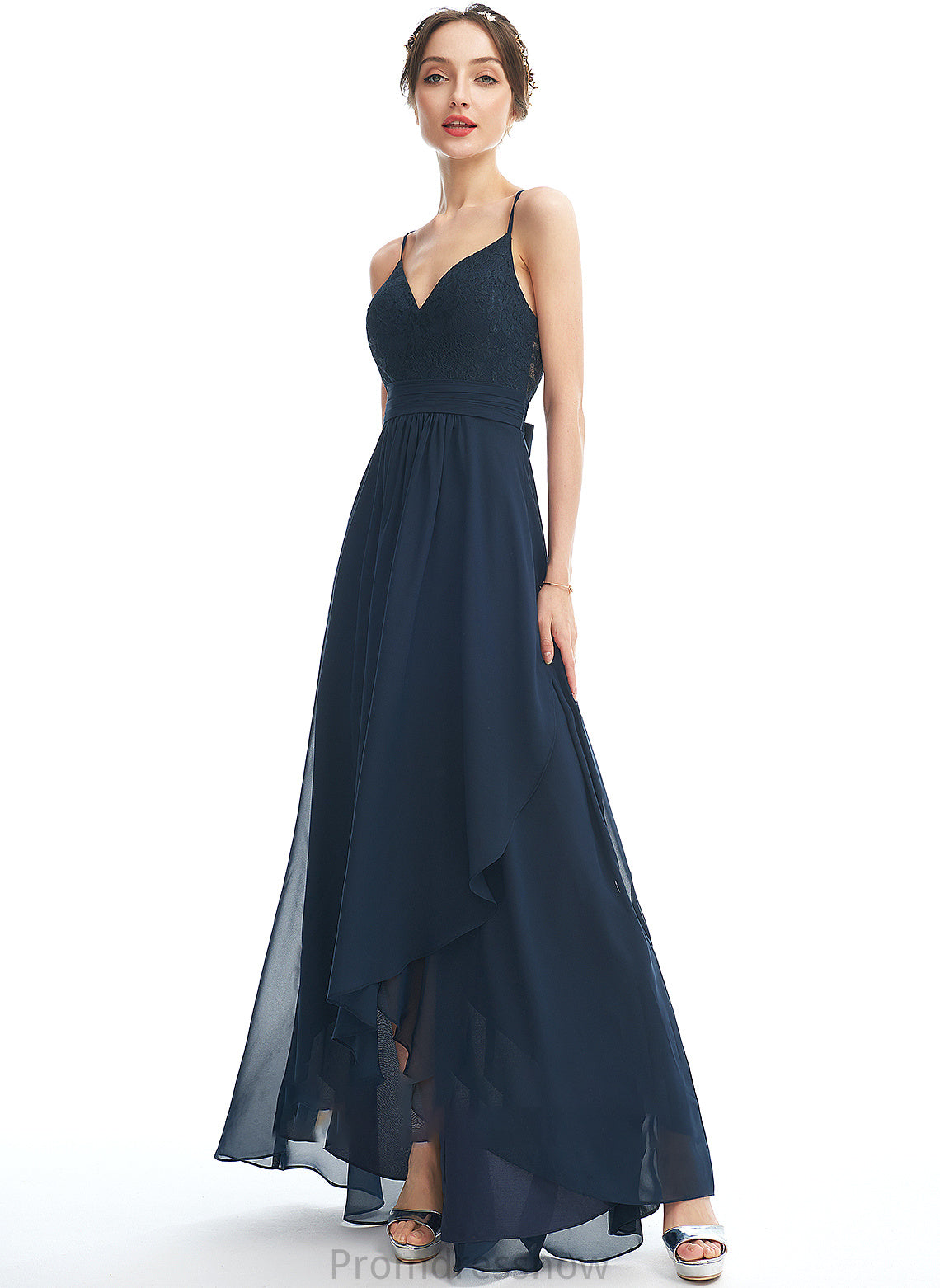 Fabric Lace Length Silhouette A-Line V-neck Neckline Asymmetrical Embellishment Bow(s) Kendal Sleeveless Bridesmaid Dresses