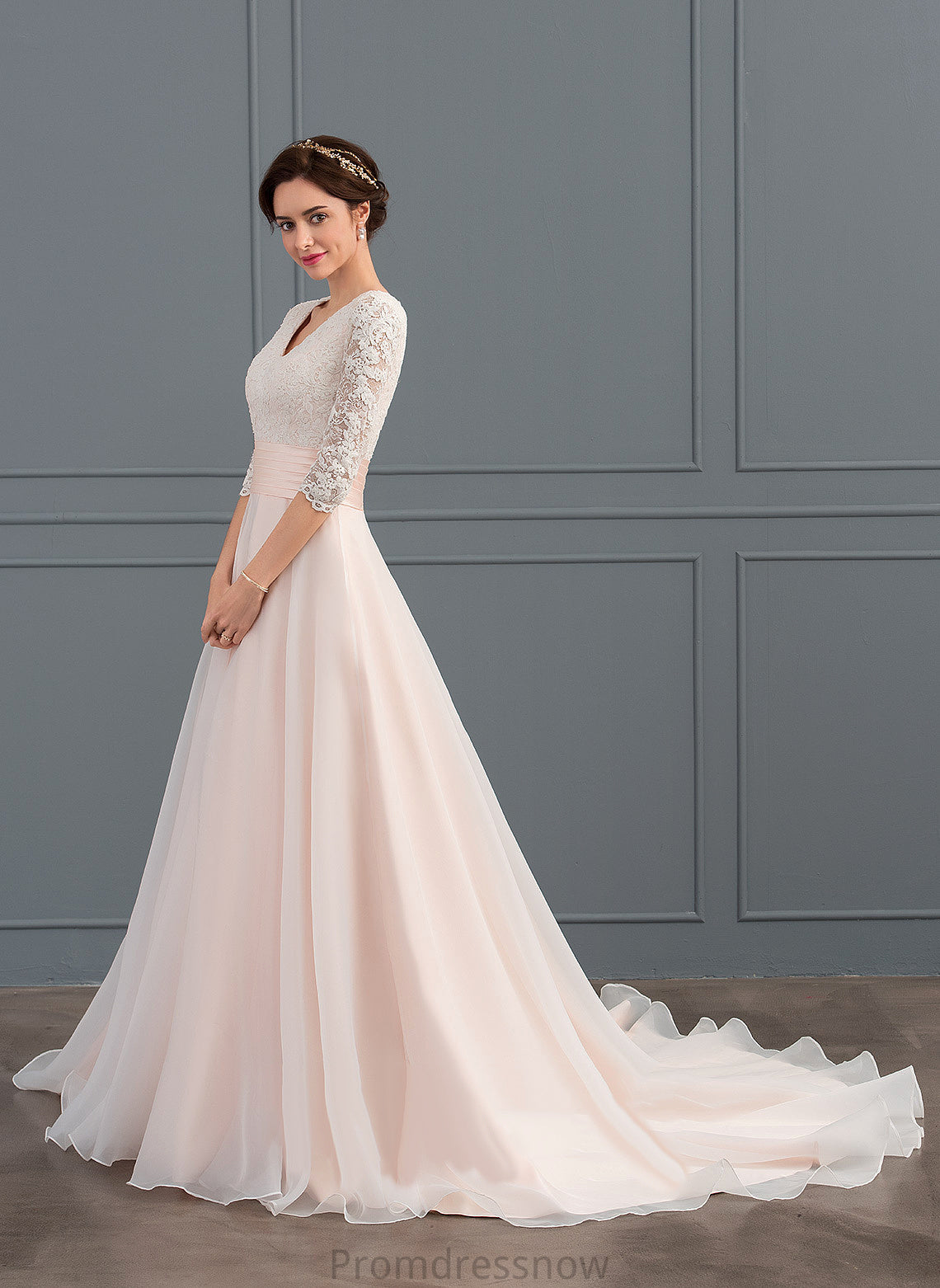 With V-neck Train Court Wedding Dresses Laci Lace Ball-Gown/Princess Organza Wedding Dress Ruffle