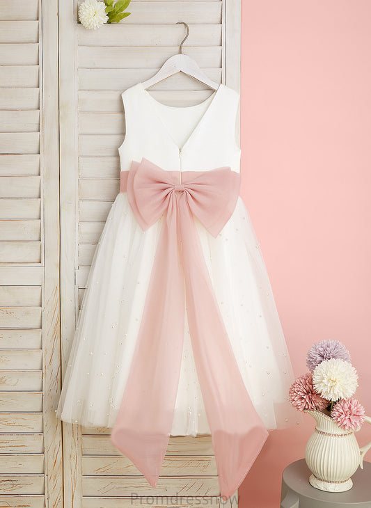 Sash/Bow(s)/V Satin/Tulle Anahi Neck Tea-length With Sleeveless Flower Girl Dresses Flower Back - Girl Dress A-Line Scoop