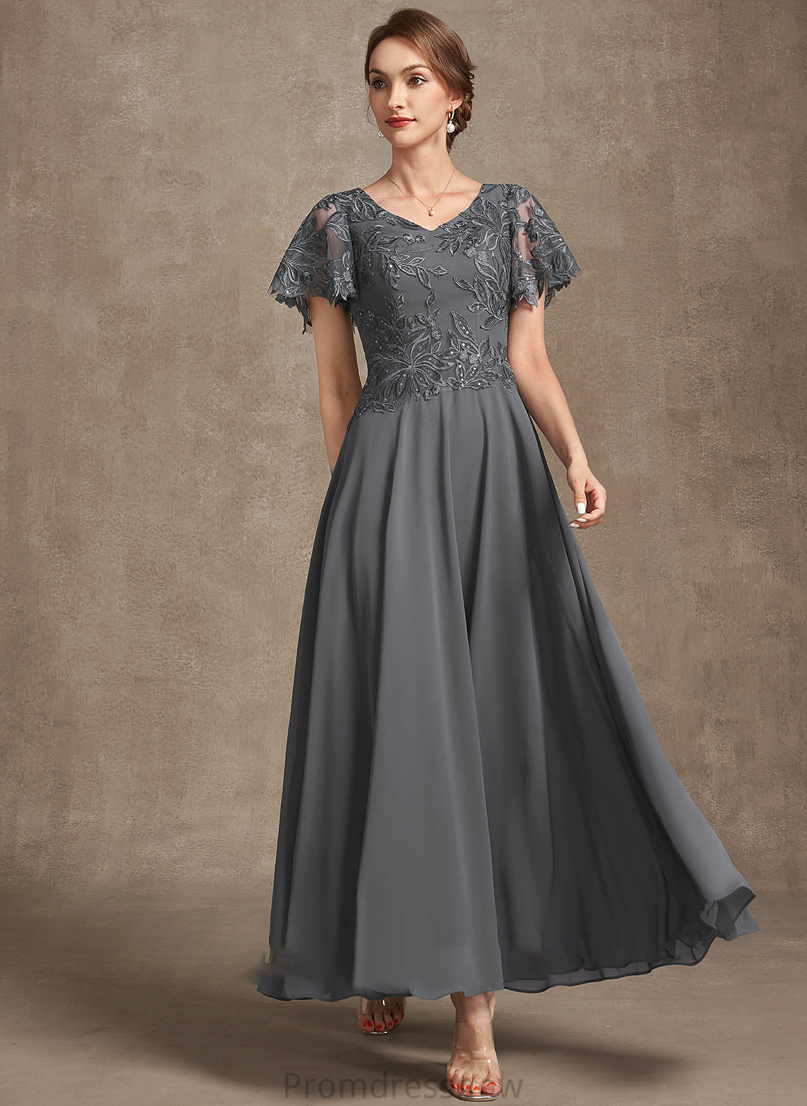 With A-Line the Mother of the Bride Dresses of Chelsea Chiffon Ankle-Length Mother V-neck Lace Bride Dress Sequins