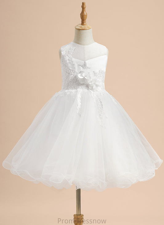 Sleeveless Knee-length Sibyl Girl - Satin/Tulle Flower Girl Dresses Lace/Flower(s)/Bow(s) With Scoop A-Line Flower Dress Neck