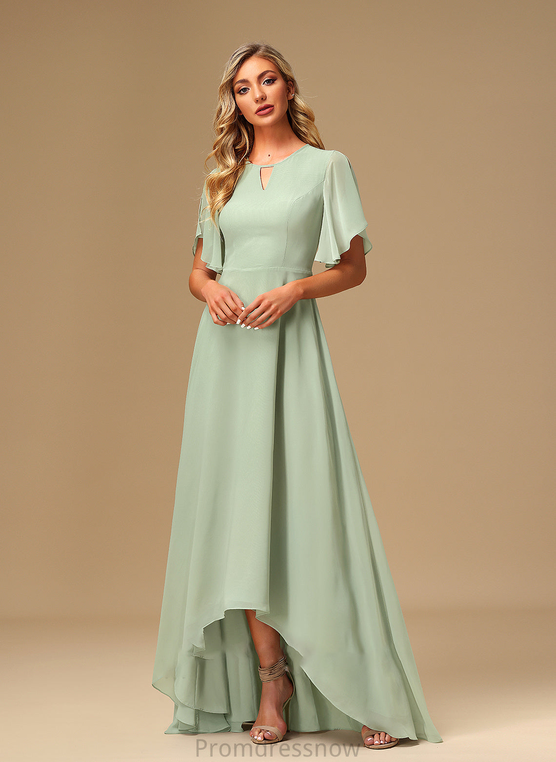 Straps Asymmetrical Fabric A-Line Ruffle Length Silhouette Embellishment Jewel Scoop Sleeveless A-Line/Princess Bridesmaid Dresses