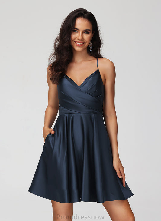 With A-Line V-neck Pleated Satin Lori Dress Homecoming Dresses Homecoming Short/Mini