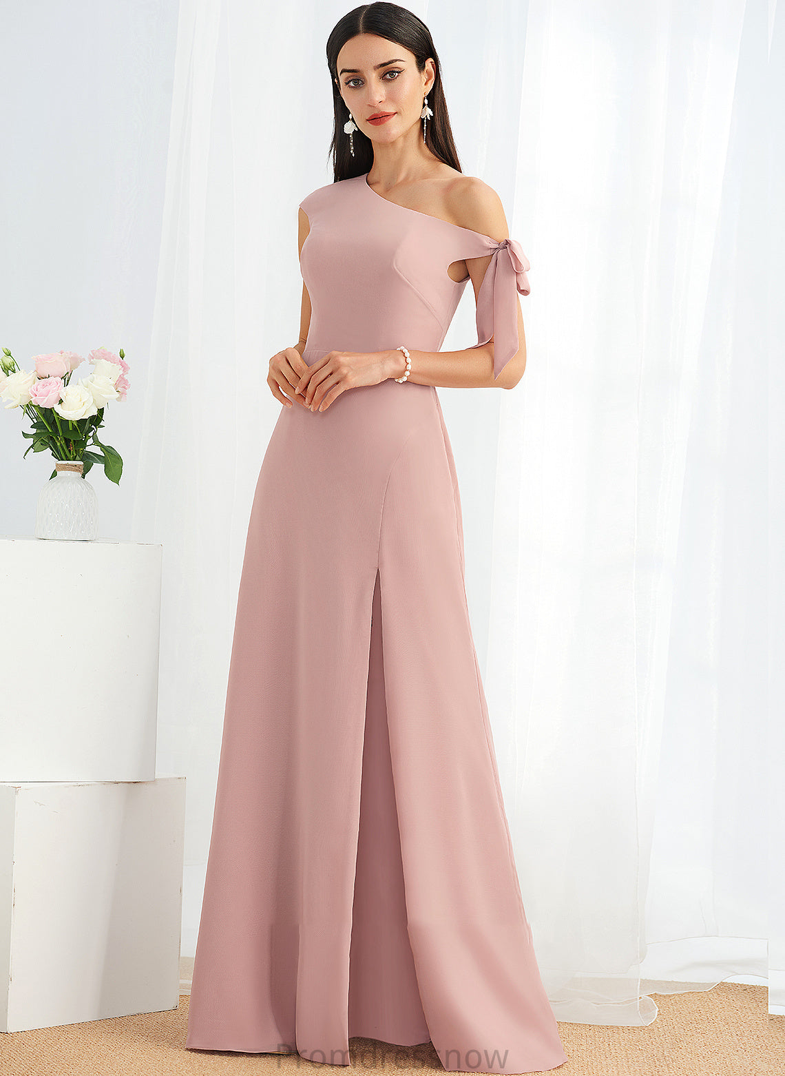 One-Shoulder Silhouette Embellishment Bow(s) Floor-Length Length Fabric Neckline A-Line Jasmine Natural Waist Sleeveless Bridesmaid Dresses