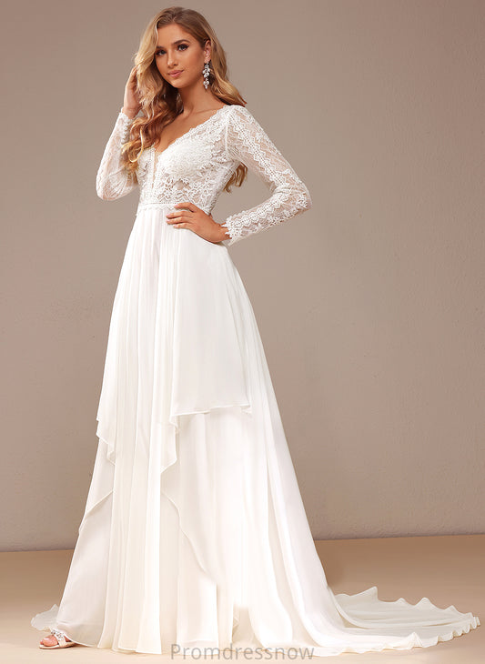 With Train A-Line Chiffon Ruffle Court Wedding Dress Lace V-neck Lace Anna Wedding Dresses