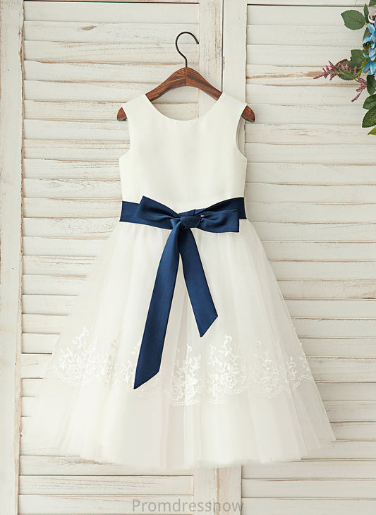 Girl Sleeveless Neck Dress With Sash Avery Satin/Lace - Scoop A-Line/Princess Flower Girl Dresses Tea-length Flower