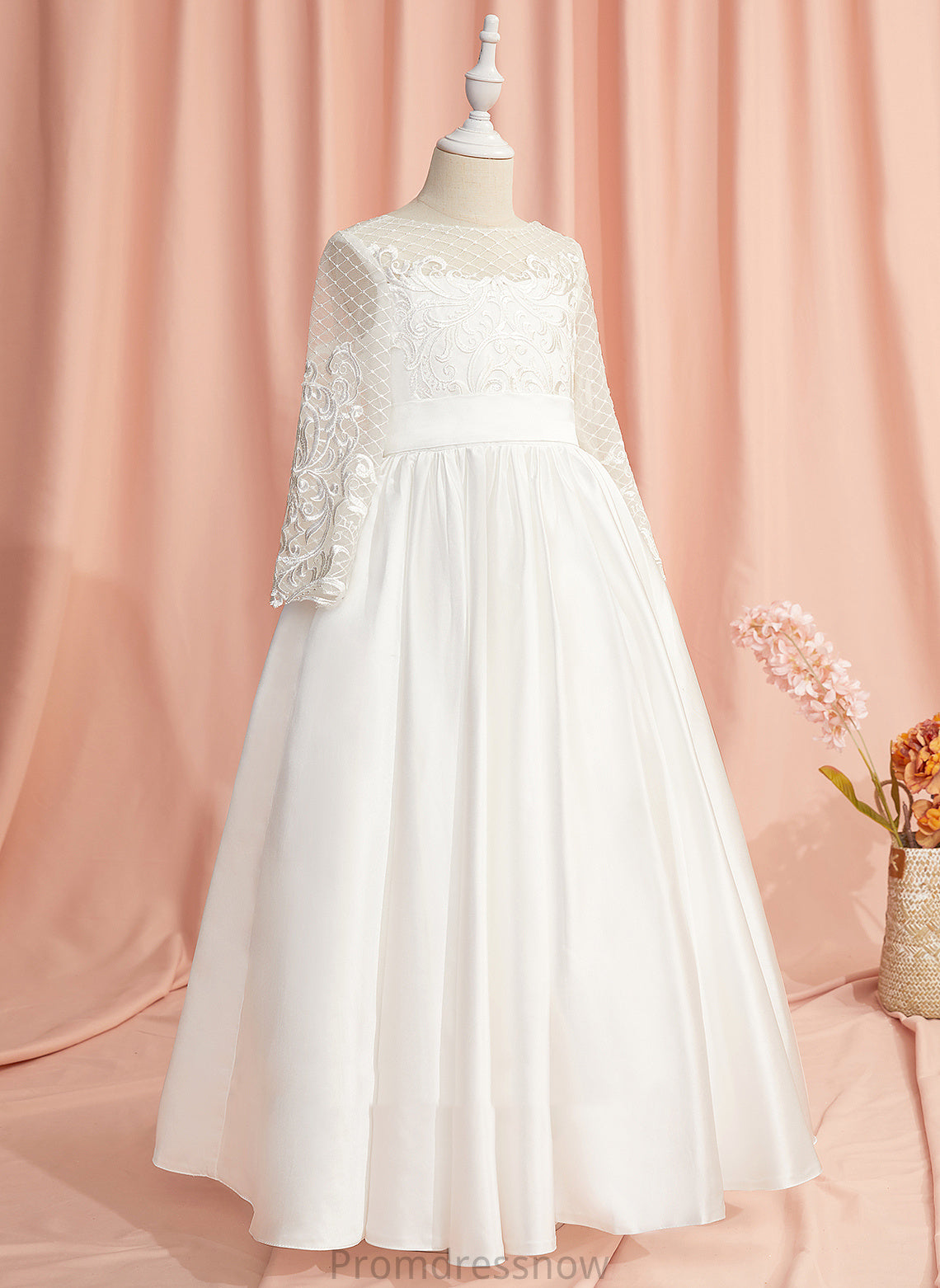 Scoop Lace/V - Flower Girl Dresses Back With Satin Sleeves Flower Judith Girl Floor-length Long Dress Neck Ball-Gown/Princess