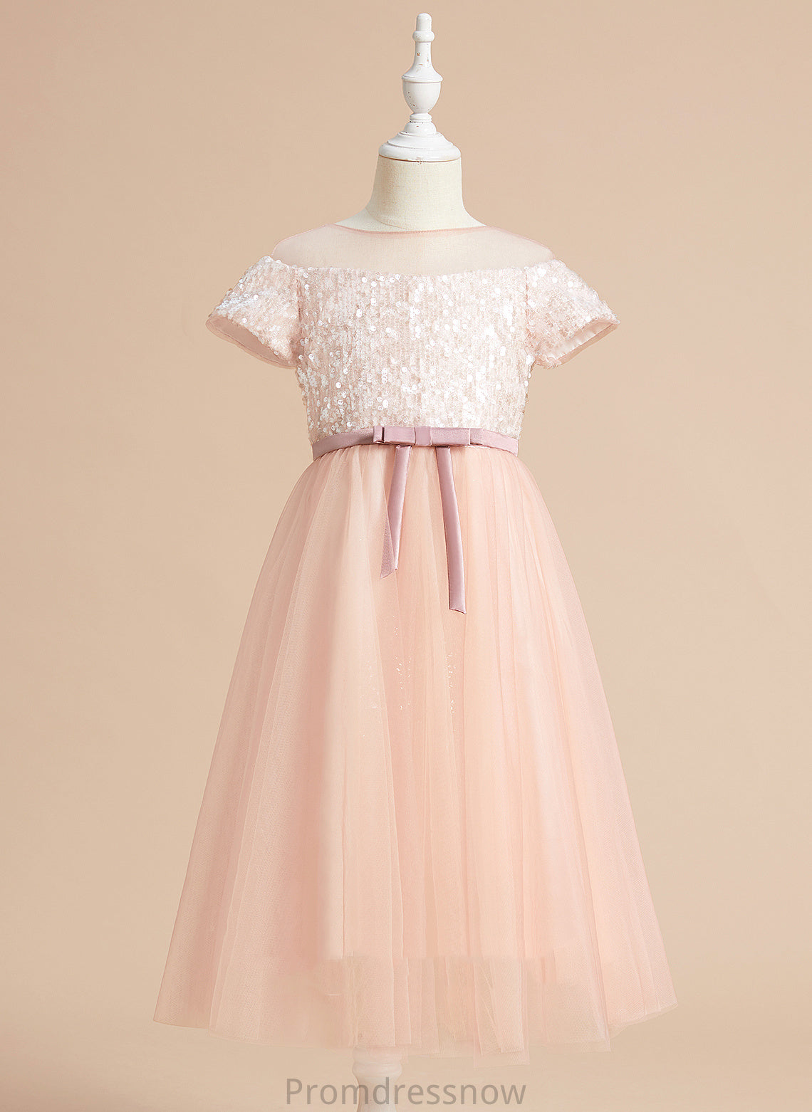 A-Line Tulle Sash/Bow(s) Neck Short Flower Girl Dresses Sleeves - Girl Tea-length Dress Michelle Scoop With Flower