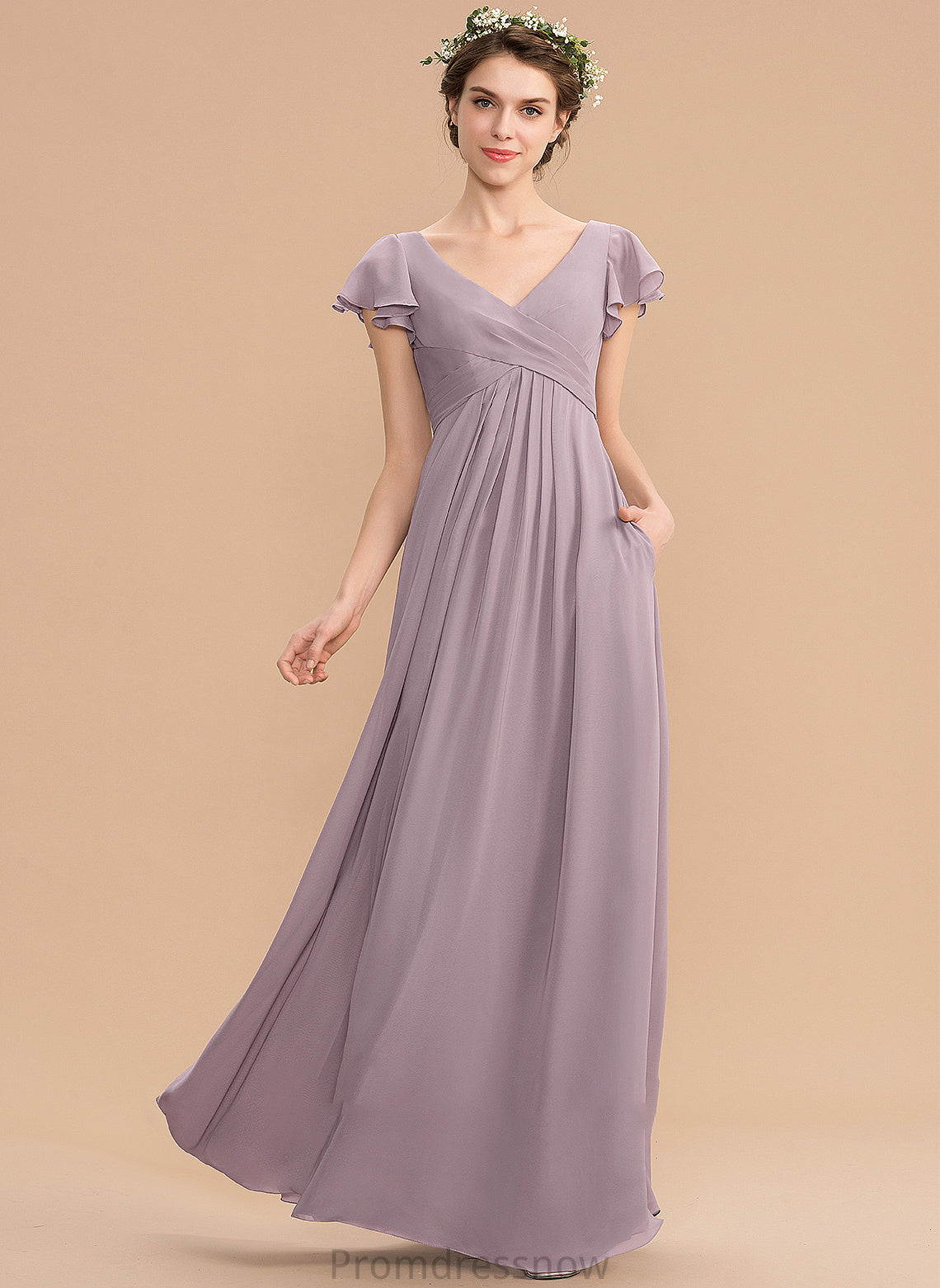 A-Line CascadingRuffles Pockets Neckline Silhouette Fabric Length V-neck Embellishment Floor-Length Kenzie A-Line/Princess Bridesmaid Dresses