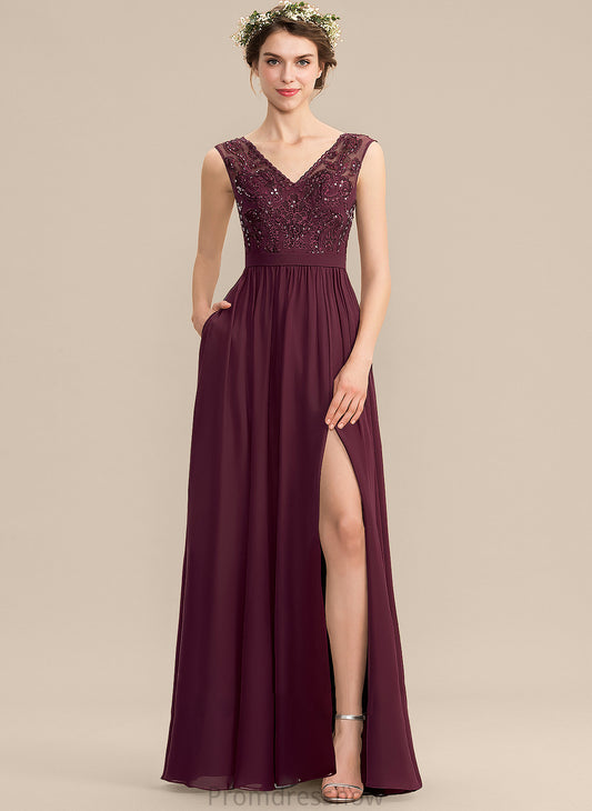 Embellishment Silhouette Neckline Length Pockets Beading Sequins Floor-Length SplitFront Fabric V-neck A-Line Bridesmaid Dresses