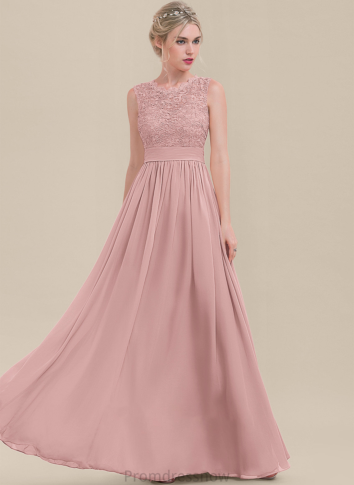 Floor-Length Fabric Neckline ScoopNeck A-Line Silhouette Ruffle Embellishment Length Alivia A-Line/Princess Natural Waist Bridesmaid Dresses