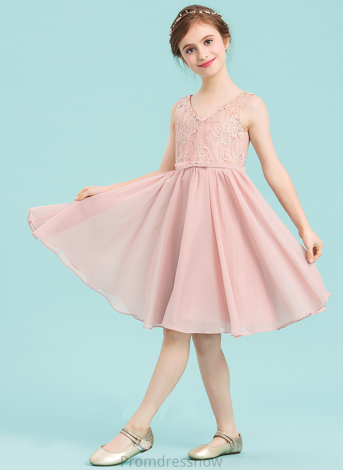 With Knee-Length Annabella V-neck Bow(s) Chiffon Junior Bridesmaid Dresses A-Line