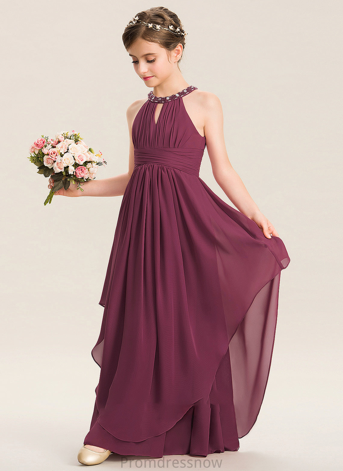 With Rachael Junior Bridesmaid Dresses Scoop A-Line Ruffle Beading Floor-Length Chiffon Neck