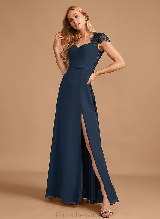 A-Line Fabric Lace Embellishment Floor-Length Length Neckline Silhouette V-neck SplitFront Trinity Sleeveless Bridesmaid Dresses