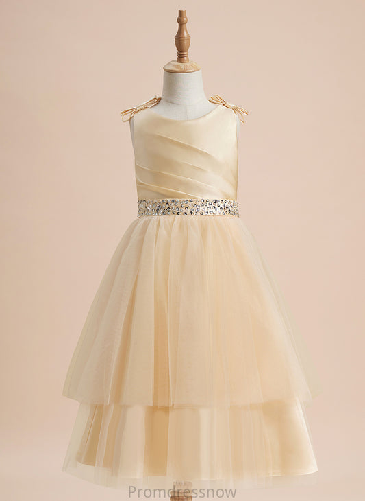 Flower Satin/Tulle Scoop With - Knee-length Neck Flower Girl Dresses Dress A-Line Sydnee Girl Beading/Sequins/Bow(s) Sleeveless