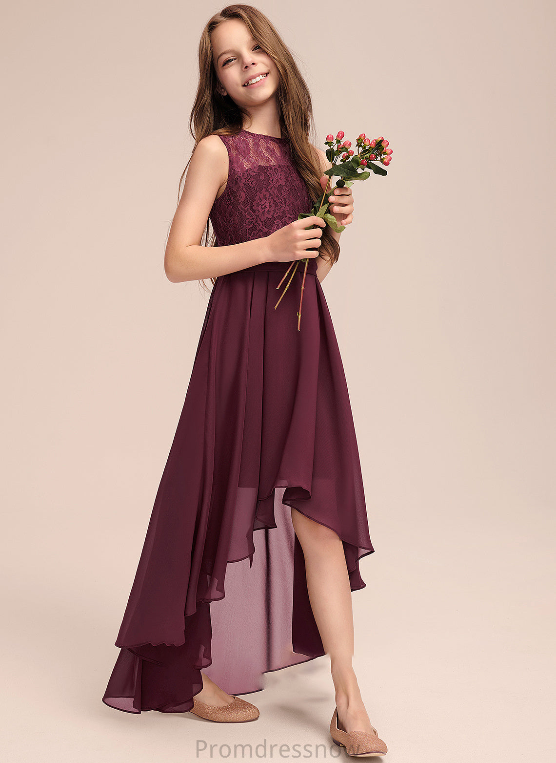 Chiffon Jillian Scoop Asymmetrical Junior Bridesmaid Dresses With Neck A-Line Lace Bow(s)