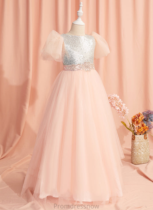 Short Ball-Gown/Princess Tulle/Sequined Dress - Flower Girl Dresses Angela Sleeves Beading/Sequins/Bow(s) With Scoop Floor-length Neck Girl Flower