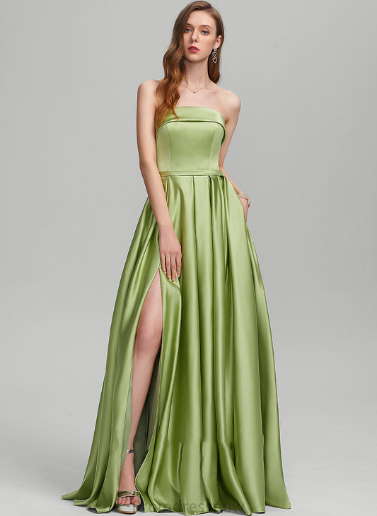 With Strapless Prom Dresses Split Satin Ball-Gown/Princess Arielle Front Pockets Floor-Length