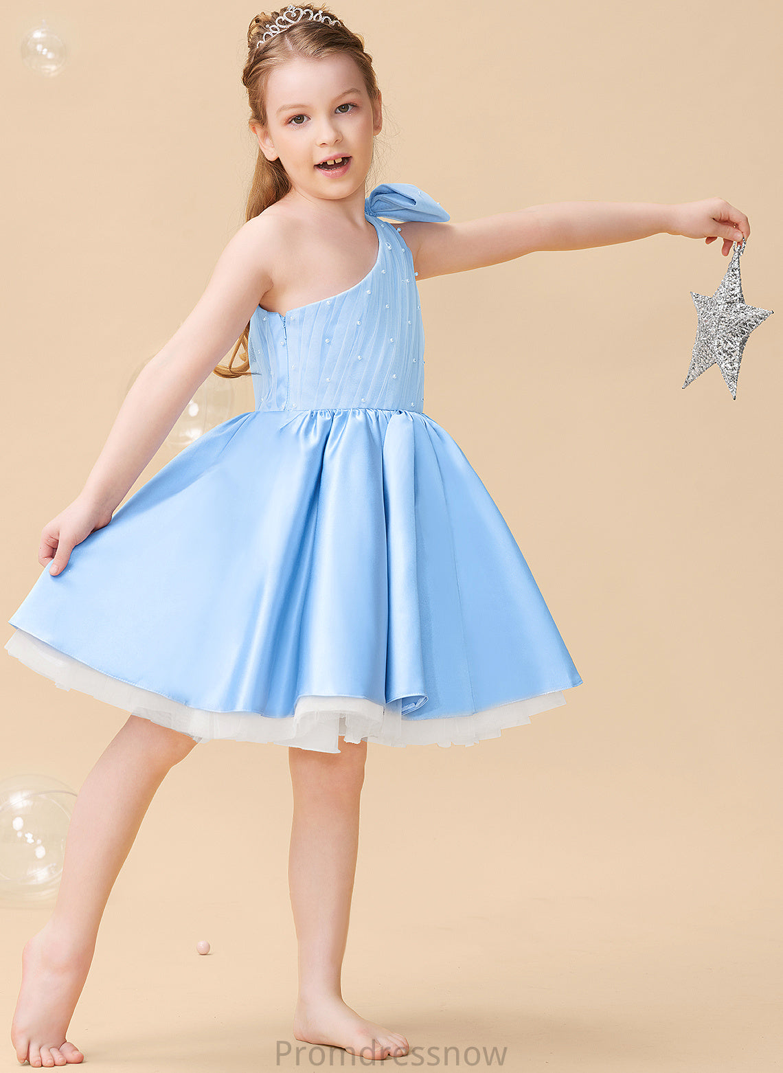 Knee-length Flower Girl Dresses Dress One-Shoulder Beading/Bow(s) - Sleeveless With Flower A-Line Satin/Tulle Girl Viviana