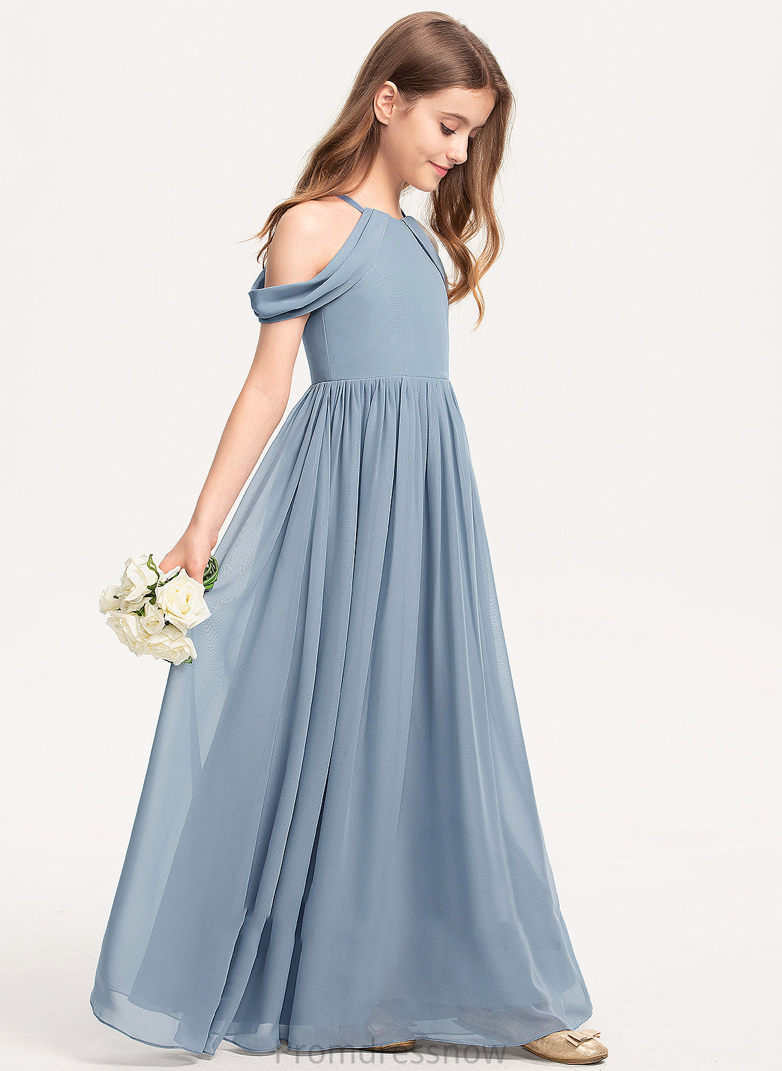 Chiffon Neck A-Line Ruffle Floor-Length Junior Bridesmaid Dresses Scoop Nia With