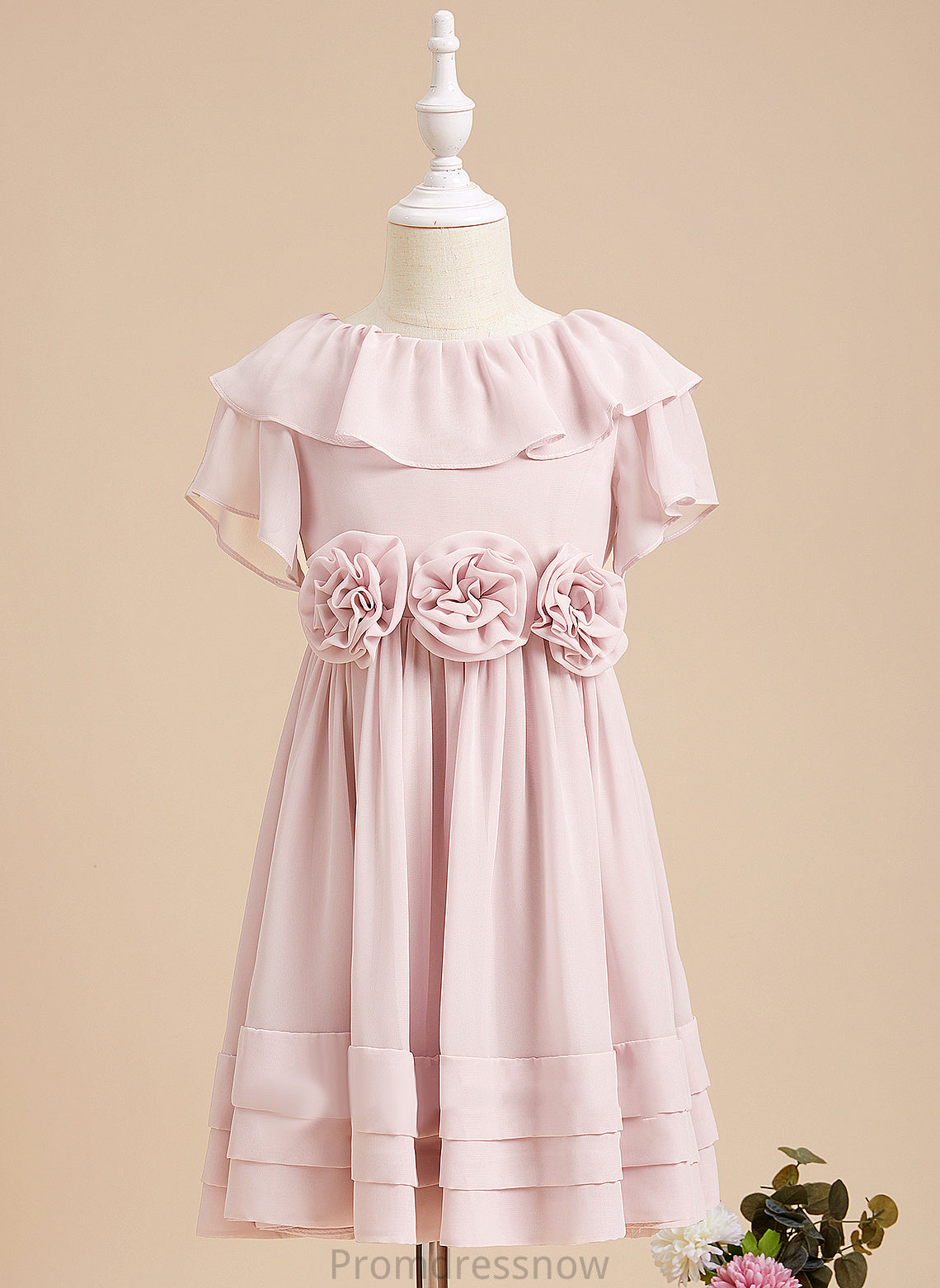 Back Chiffon Flower Girl Dresses Dress Sleeves Short Scoop Knee-length Girl Ruffles/Flower(s)/V - With Neck Lizeth A-Line Flower