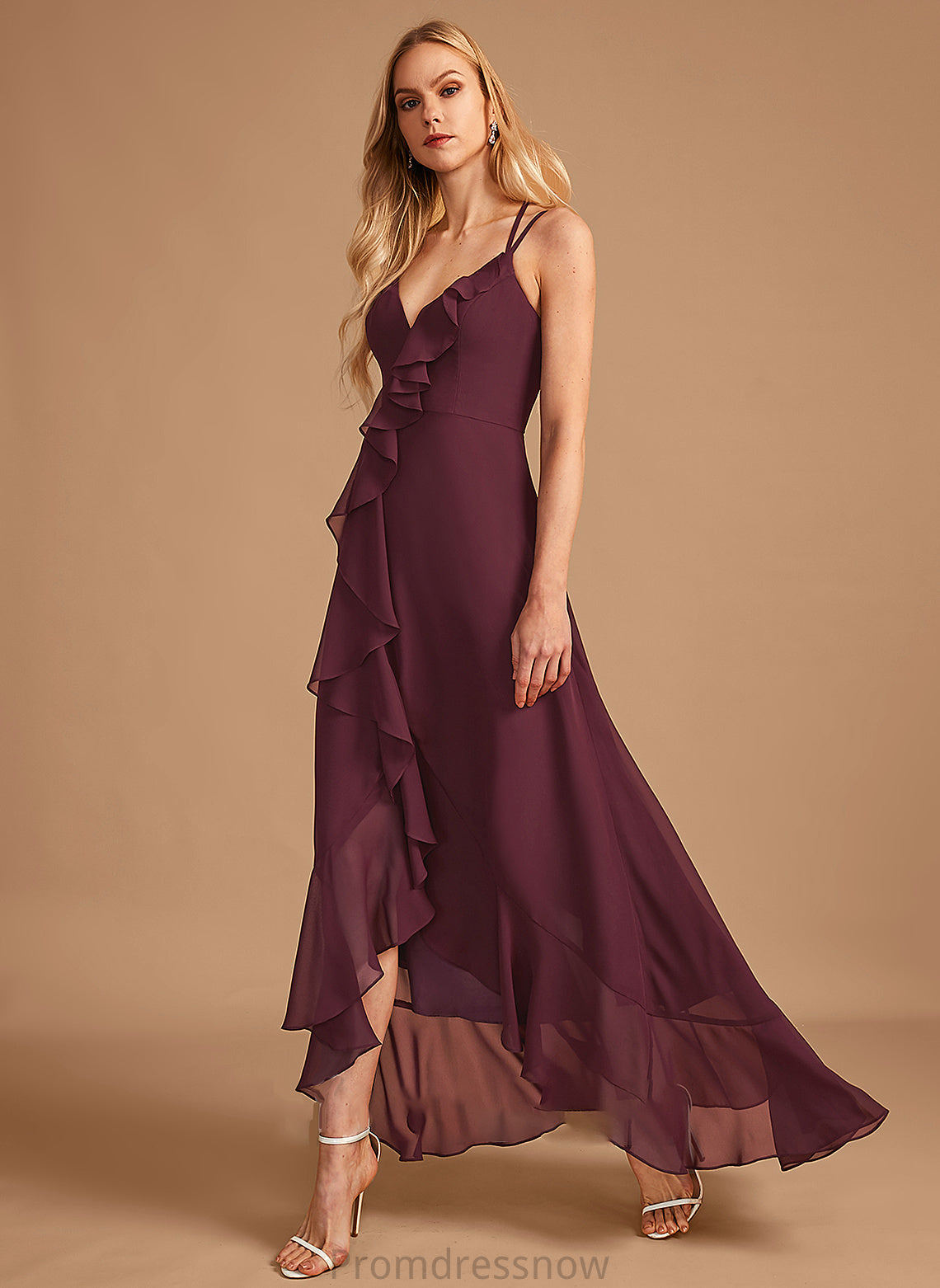 V-neck Embellishment Neckline Length Silhouette SplitFront A-Line Asymmetrical Ruffle Fabric Lyric Scoop Bridesmaid Dresses