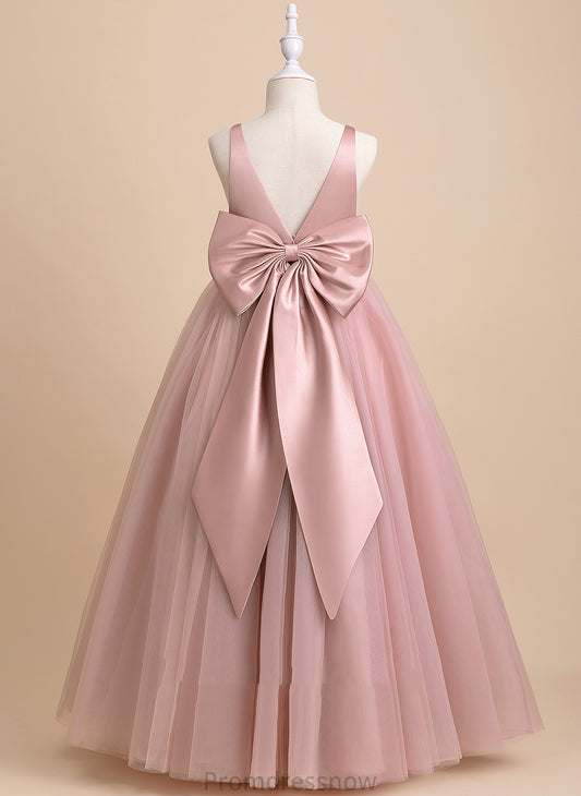 Bow(s)/V Keely V-neck Ball-Gown/Princess Sleeveless Floor-length Girl Dress - Tulle Back With Flower Girl Dresses Flower