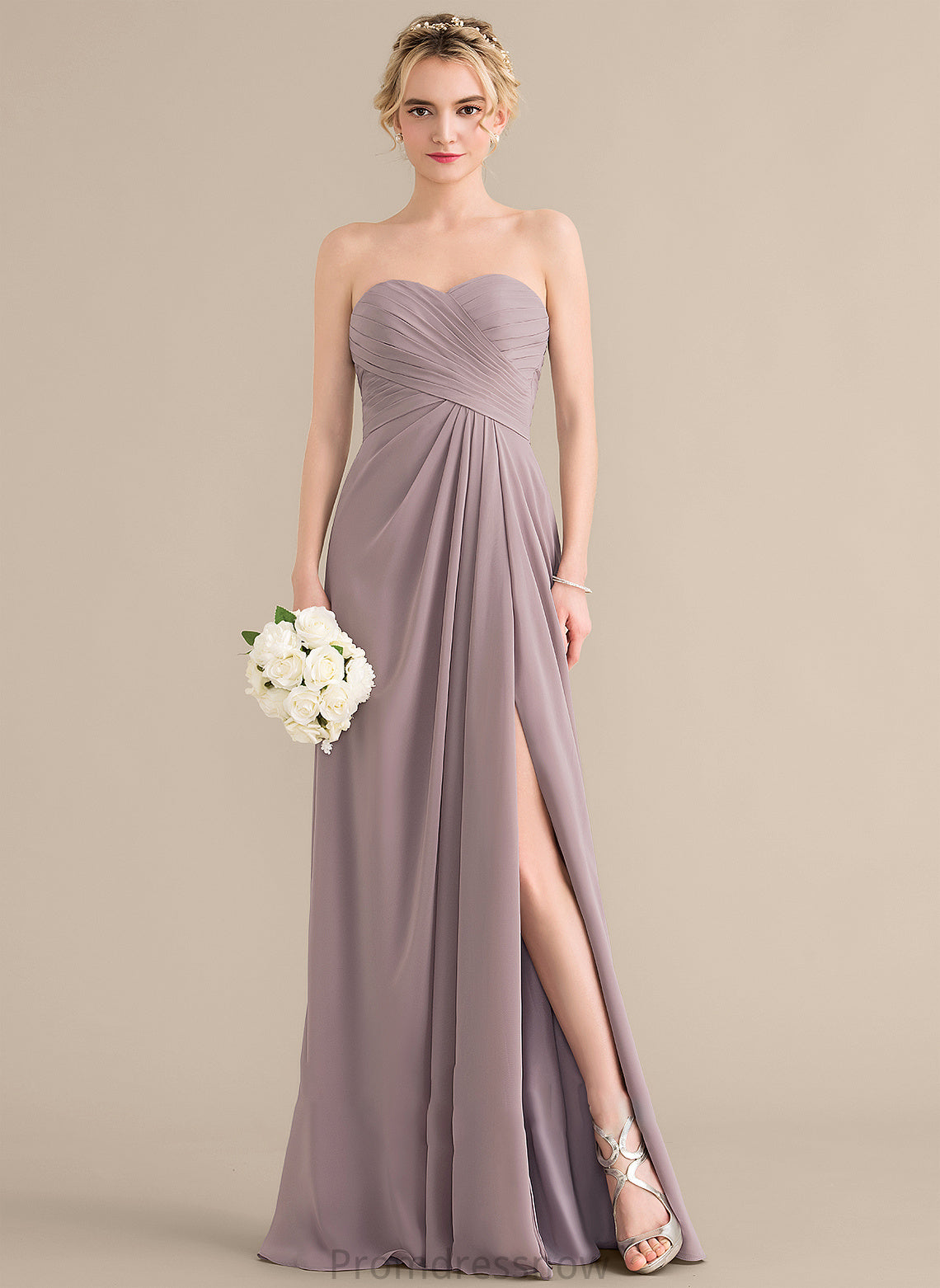 SplitFront A-Line Silhouette Neckline Sweetheart Fabric Length Ruffle Floor-Length Embellishment Ashlee Sleeveless Bridesmaid Dresses