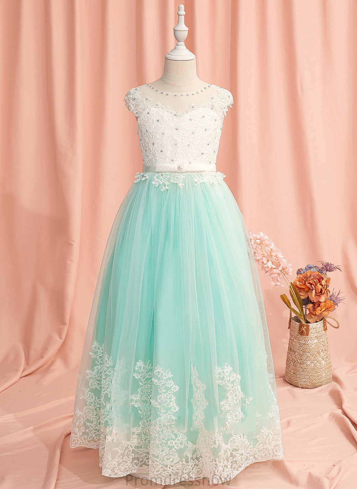 Girl Neck Ball-Gown/Princess Flower Floor-length Lace/Beading/Bow(s)/V Flower Girl Dresses Dress Back Scoop Nayeli Tulle With Sleeveless -