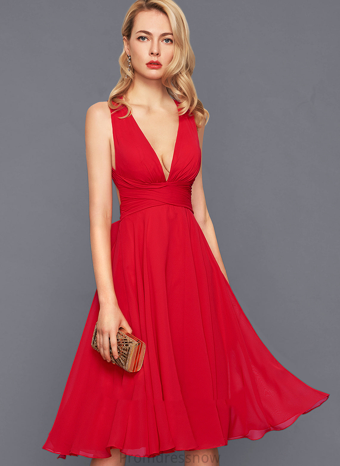 With Chiffon Knee-Length Dress Mara Bow(s) Ruffle Cocktail A-Line V-neck Cocktail Dresses