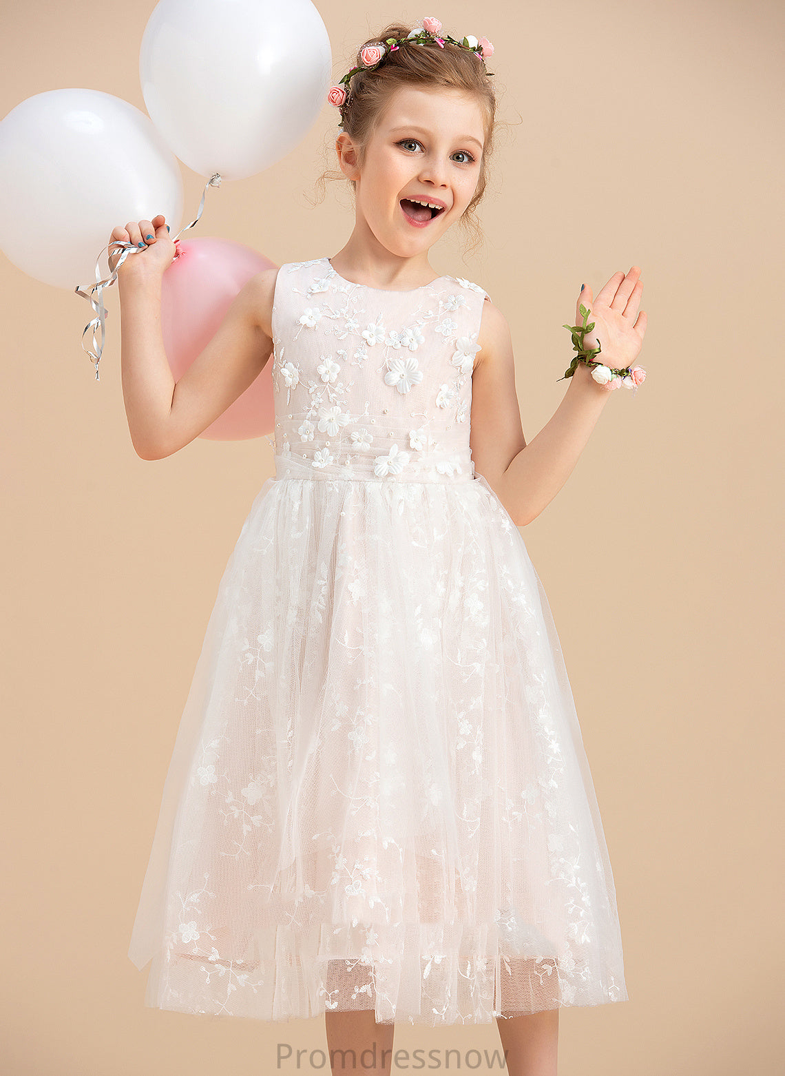 Dress Tea-length Sleeveless With Neck - Flower Girl Dresses Tulle/Lace Flower Chaya Scoop A-Line Beading/Flower(s) Girl