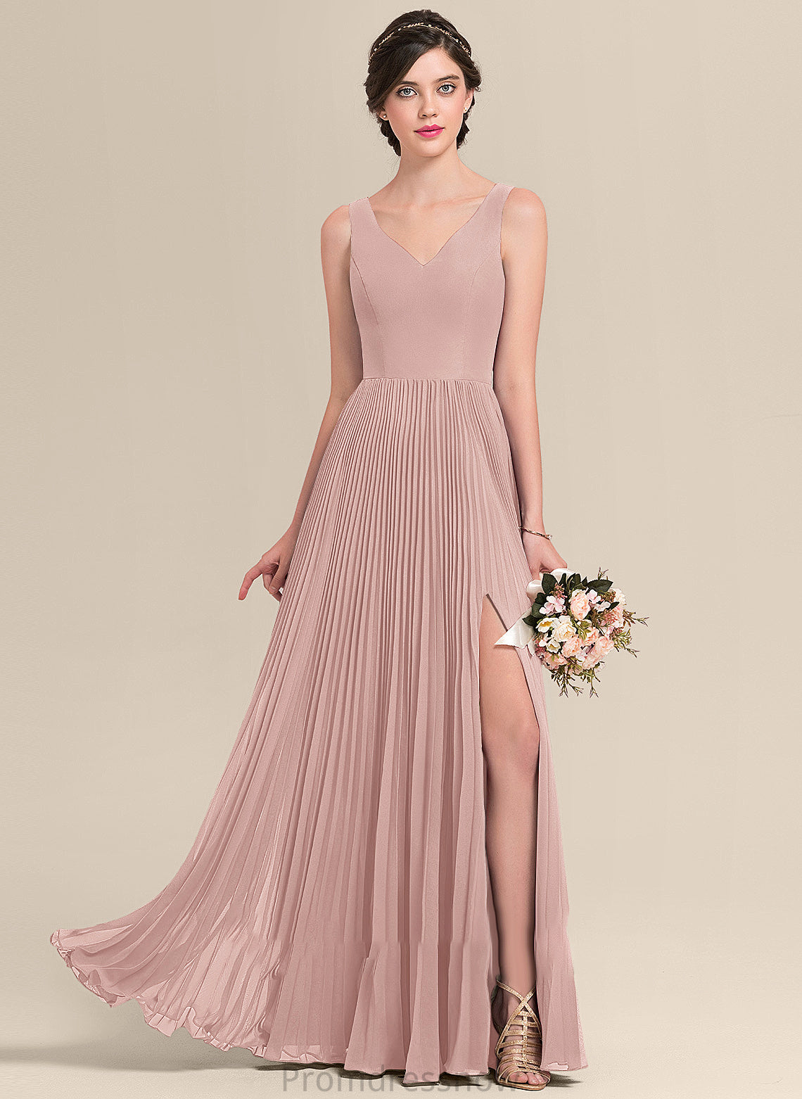 Length Neckline Fabric Silhouette SplitFront Embellishment A-Line V-neck Pleated Floor-Length Kay Natural Waist Bridesmaid Dresses