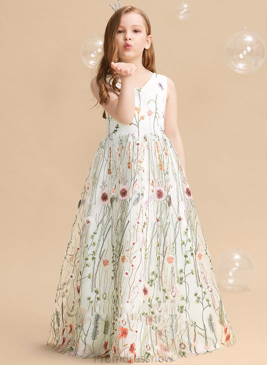 Flower(s)/Bow(s) Sleeveless With Girl Jacquard A-Line Floor-length Dress - V-neck Aliza Flower Girl Dresses Flower