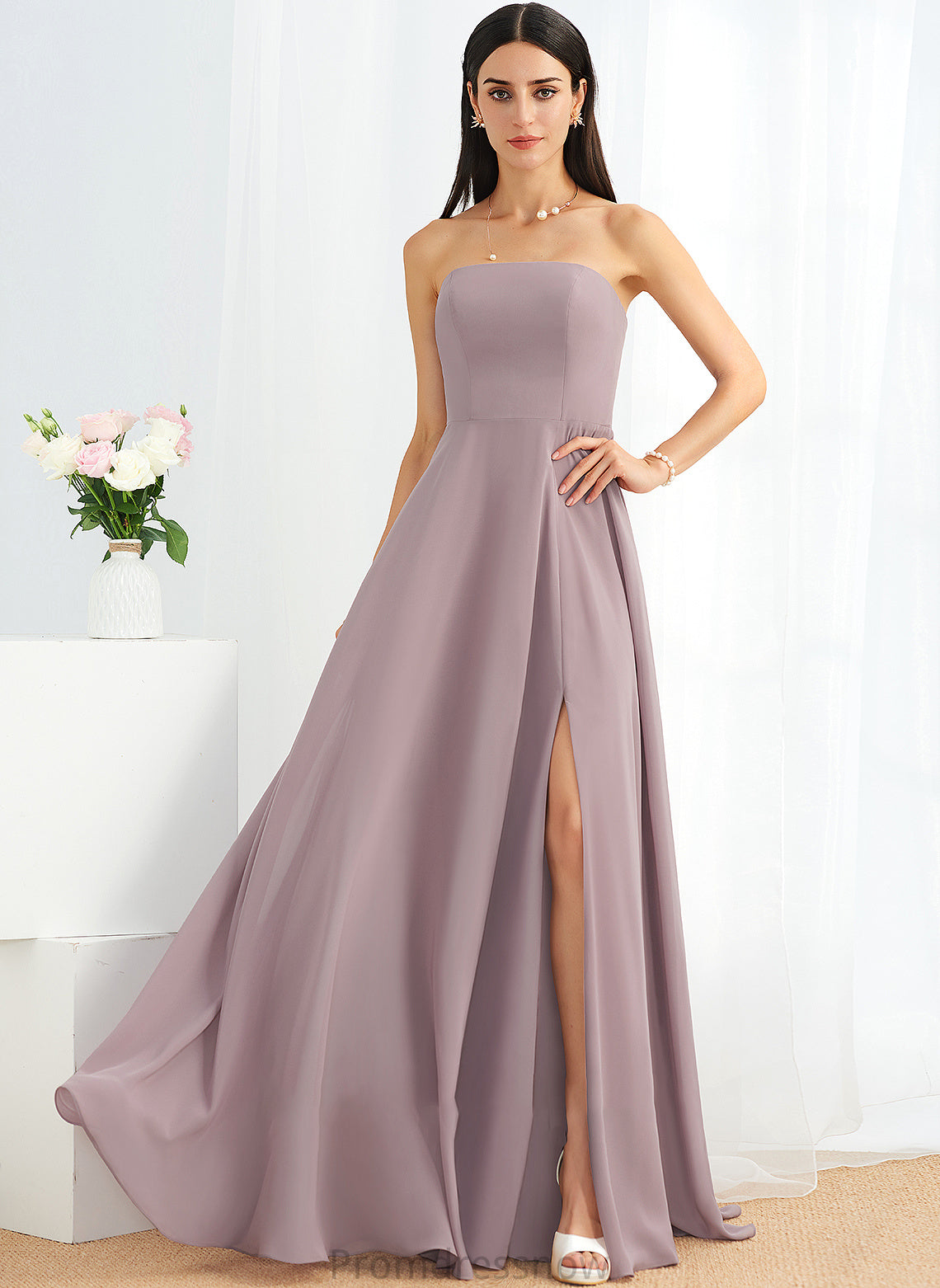 Embellishment SplitFront Silhouette Strapless Fabric Neckline A-Line Length Floor-Length Ginny A-Line/Princess V-Neck Bridesmaid Dresses