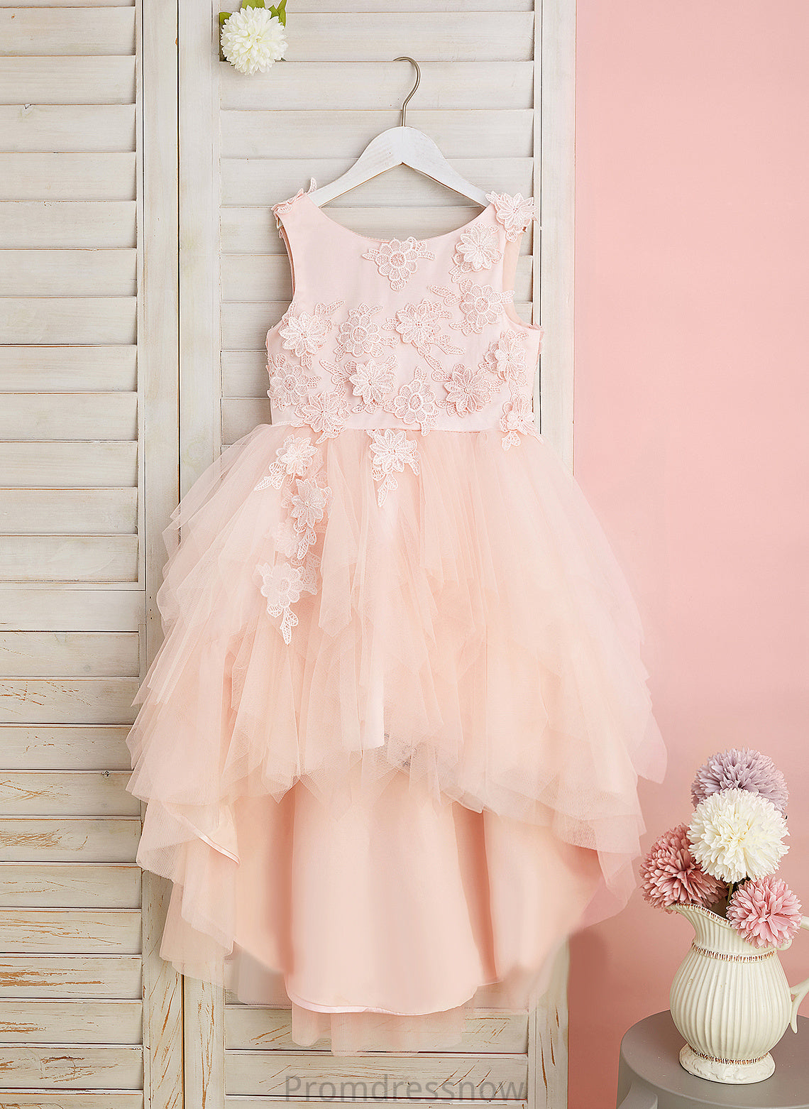 Ball-Gown/Princess Lace/Flower(s)/V Neck Girl With Back Asymmetrical Sleeveless - Flower Girl Dresses Scoop Tulle Dress Flower Gabriella