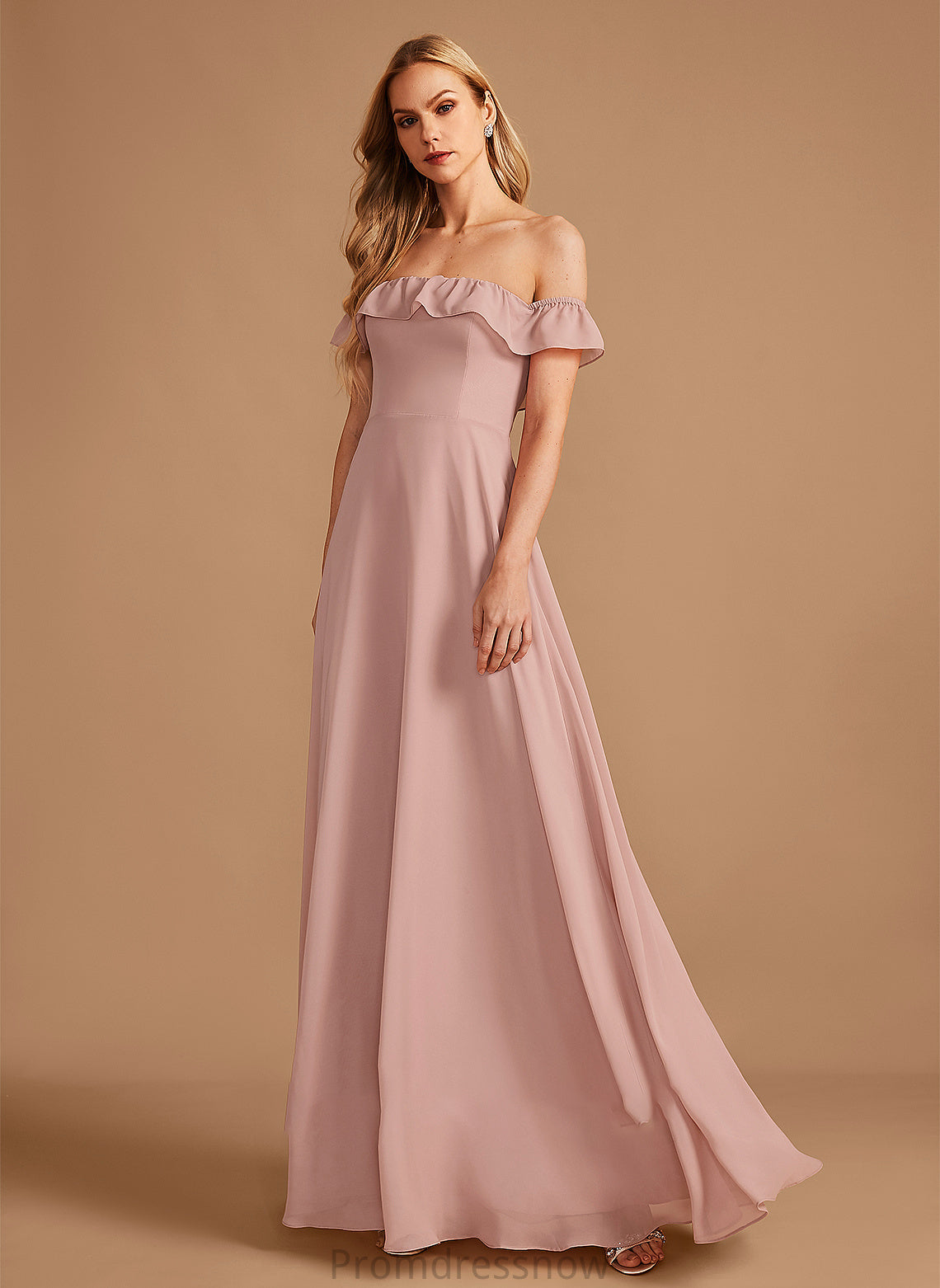 Floor-Length Neckline Ruffle Fabric Off-the-Shoulder Length A-Line Silhouette Embellishment Mira A-Line/Princess Natural Waist Bridesmaid Dresses